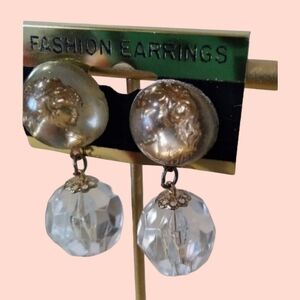 VINTAGE Cameo Earrings With Round Faceted Crystal Bead NEW OLD STOCK
